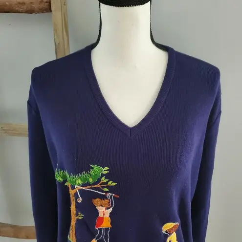 Vintage Blue Andrew Argenti  V-Neck Lightweight Golf Embroidered Sweater L