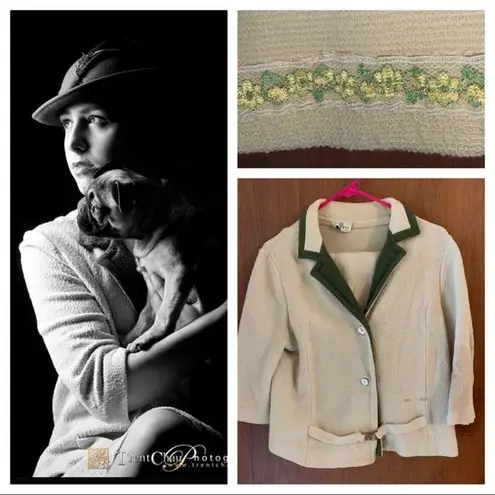 Vtg 1960s wool skirt suit cream Green Size 4