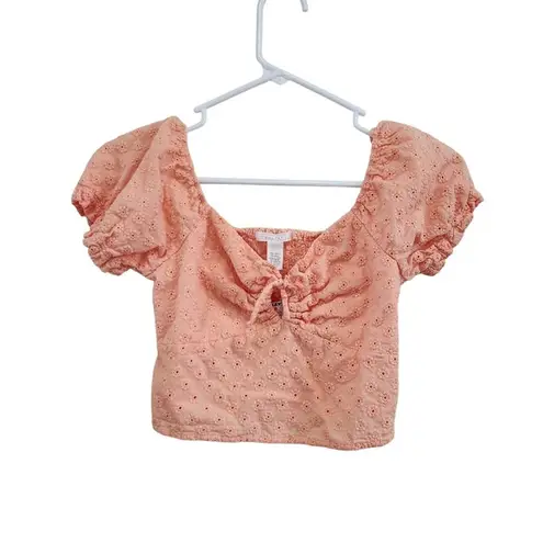 Full Tilt  Peach Orange Tie Front Cutout Eyelet Lace Crop Top Size Small