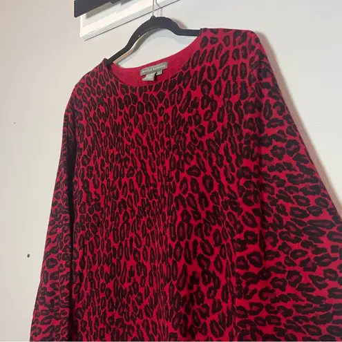 Leopard Print Sweater Red Crewneck Lambswool Angora Rabbit Hair Size Large Flaw