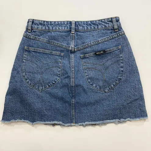 Rollas Claudia High Rise Denim A Line Boho Y2K 90s Raw Hem Mini Skirt 26 Blue