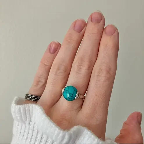 Boutique Southwestern Blue Turquoise Silver Ring “Norma” 7.5 Cowgirl Maximalist