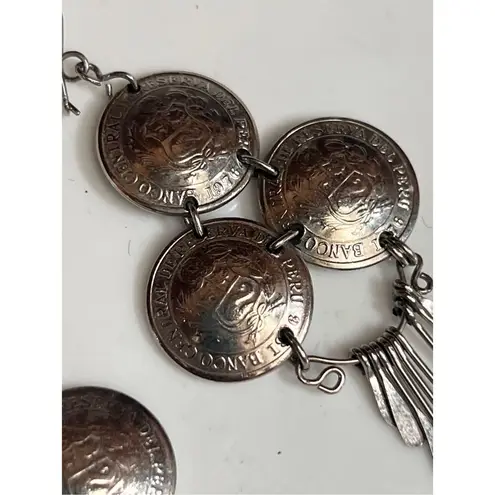 Handmade Peruvian Coin Dangle Earrings Boho Silver Tone 1/2 Sol De Oro 1970s