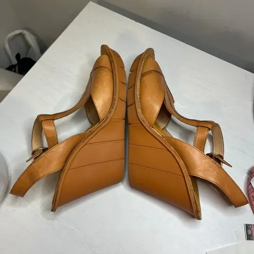 Camper Filippa Sandal Tan Full Grain Leather EVA Wedge Buckle Strap sz 8.5