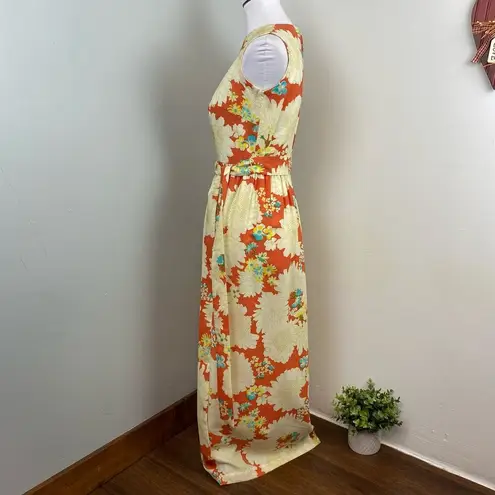 70s Vintage Homemade Boho Floral High Neck A Line Maxi Dress Small Yellow