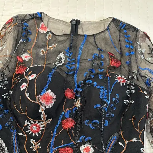 JJ's House Sheath/Column Illusion Boat Neck Floor Length Blue Floral Lace Dress