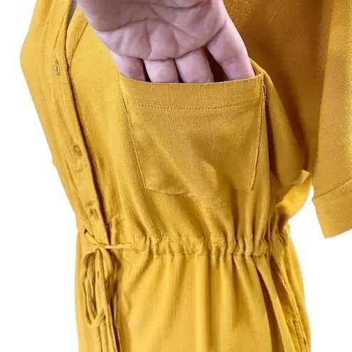 Rokoko Button Front Tie Waist Short Sleeve Midi Dress Pocket Mustard Yellow Sz M