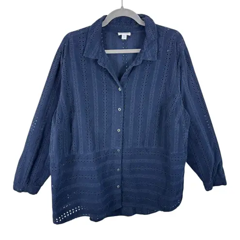 J. Jill Corduroy 100% Cotton Navy Eyelet Button Up Collared Corduroy Shirt 2X Blue - Image 1