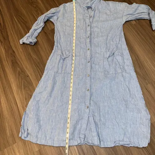 Pure Jill Linen Dress Women XS Button Down Roll Tab Sleeve Pockets Blue Casual