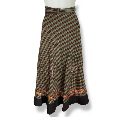Striped Wrap Skirt Floral Embroidery Boho Flowers Ribbon Tie Waist Green Red Size undefined