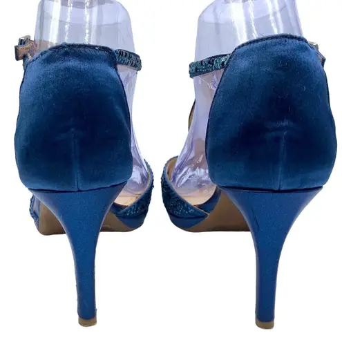 Alex Marie T-Strap Beaded Peep-Toe Dressy Heels Black Tie Fabric 7.5 Navy Blue