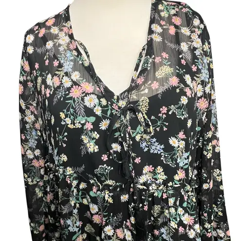 Gypsies & Moondust Babydoll Dress Womens L Black Floral Sheer Fairy Peasant Boho