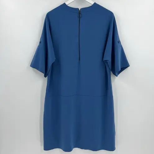 Akris Punto Drop Waist Pleated Front Mini Dress Blue Short Sleeves Zip Size 12
