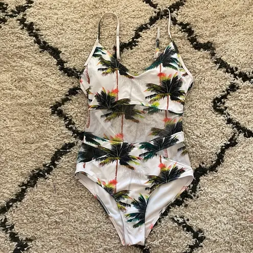 Womens Sexy V Neck Backless One Piece Coconut Palm Tree Print Swimsuit White Size XL