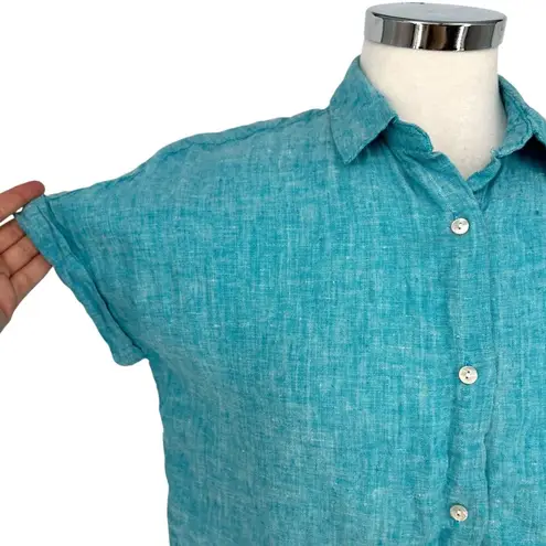 Tahari Turquoise 100% Linen Button-Up Short-Sleeve Shirt Blue Size Small