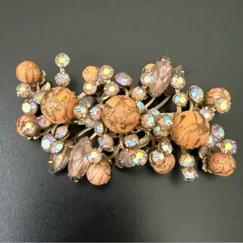 Vintage Unsigned Peach Flowers & Sprays Aurora Borealis Rhinestones Brooch 25g. Orange