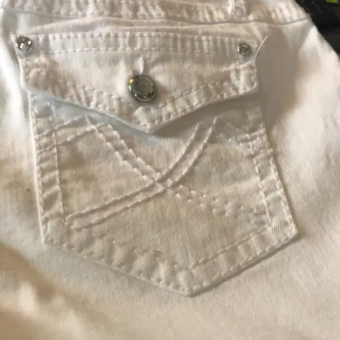 Earl Cropped White Jean Sz. 14X18 Cuff Hem Flap Pockets Stretch Rhinestones