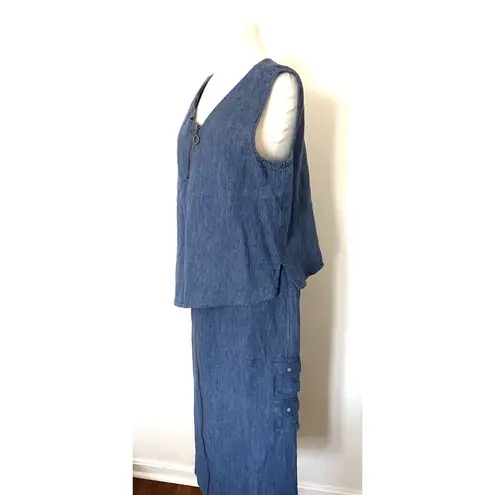 VTG IC Collection Lagenlook Asymmetrical Linen Chambray Zip Shirt Skirt Set XL Blue