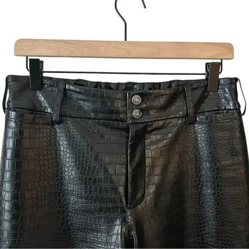 Chico's Womens Cropped Wide Leg Black Pants Crocodile Embossed Faux Leather Edgy