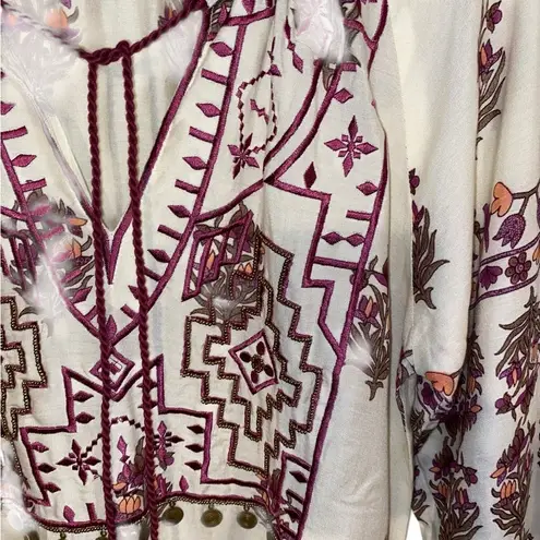 Mira Boho Cream purple and Burgundy brass embellishments Tunic Top Resortwear Red Size L