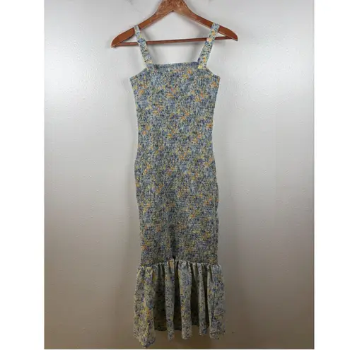 Pretty Garden Small Floral Smocked Tank Midi Dress Square Neck Ruffle Hem Blue