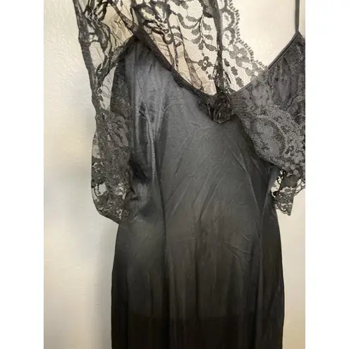 Vintage Nightgown M Black Sexy Long Nylon Satin Lace Slip Dress Spaghetti Strap Size M