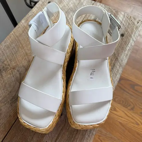 Donna Karan PURE Lolah White Leather Raffia Platform Wedge Sandals Ankle Wrap