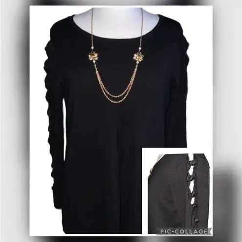 Joseph A . Black Knotted Open Sleeve Detail Pullover Round Neck Soft Sweater Lg