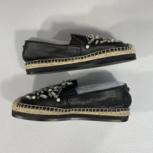 Botkier Black Leather SLOAN Rhinestone embellish Espadrilles Flat Shoes Women 6M