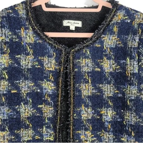 Miss Charm Paris Blue Open Front Boucle Jacket Sz L Size L