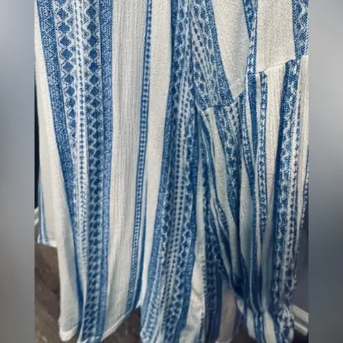 Brina & Em Colter Split Neck Boho Blue White Top Size Large