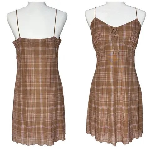 Y2K Babydoll Slip Dress Large No Comment Plaid Bow Lined Stretch‎ Twee Academia