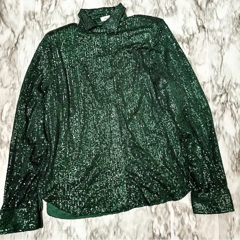 Mable Women’s Sz 6 Hidden Button Forest Green Sparkling Shirt Holiday Party NYE