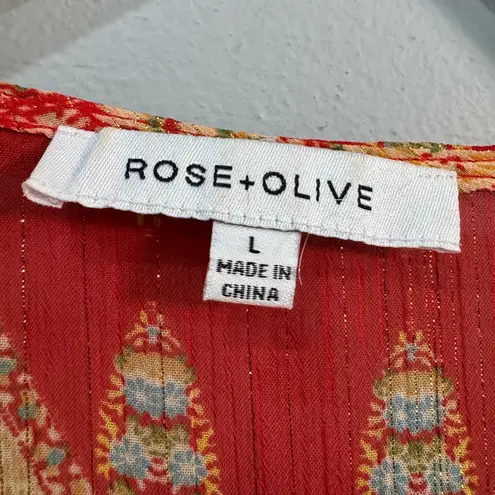 Rose + Olive Red Floral V-Neck Blouse Size L EUC