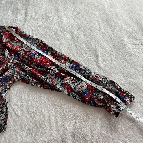 Floral Print Blouse Top Womens Size 3X Red Blue Tie Neck Flounce Sleeve Boho