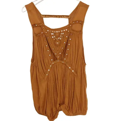 Free People  Burnt Orange Bohemian Cut Out Embellished Sleeveless Top Small