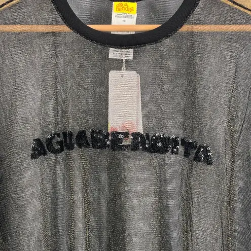 Agua Bendita Top Black Gold Metallic Sheer Mesh Sequin Logo Oversized Large New