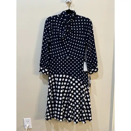 Maggy London Navy White Polka Dot Print Dress in size 2 Navy Bone Twist Neck