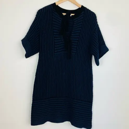 Chloé Chloe navy blue & black textured sweater dress with chenille tie at neck. Small