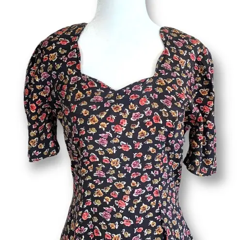 Vintage Rampage Dress Black Dark Floral Detail Sweetheart Neck Puff Sleeve Mini Size XS
