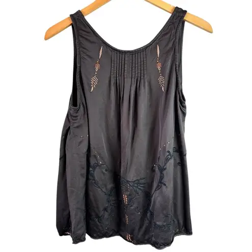 Odd Molly Embroidered Brown Satin Tank Top Size 1/Small
