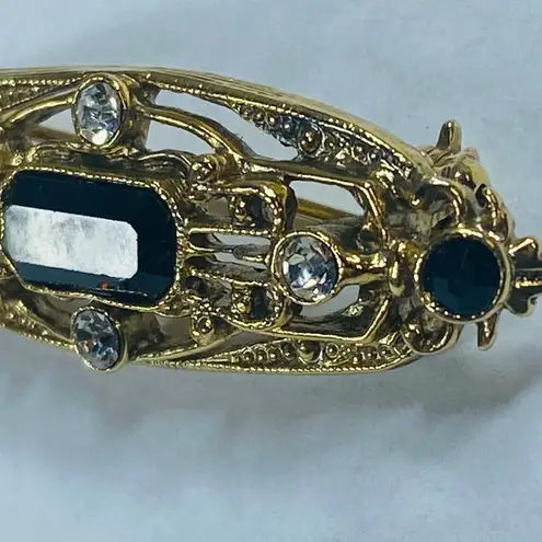 Onyx Art Deco Pin Brooch Gold Tone Faux Black  Clear Rhinestone Vintage Jewelry