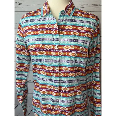 Panhandle Western Top Womens Medium Aztec Southwest Pearl Snap Cowgirl Rodeo Orange