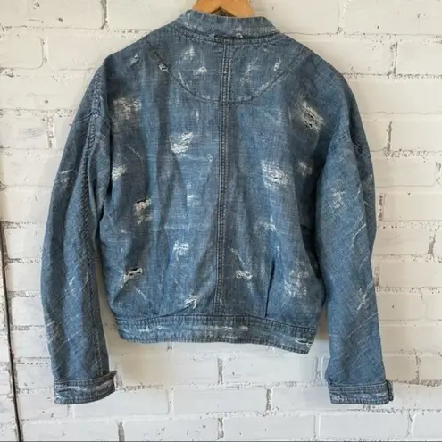 Free People  Distressed Denim Bomber Jean Jacket  Small Zip and Snap Up Front