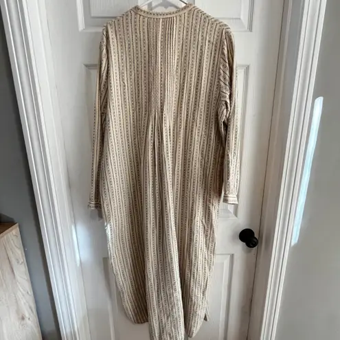 Vintage LL Bean Women's Beige Stripe Cotton Flannel Nightgown Button Down Tan Size L