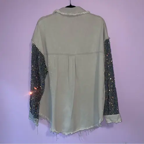 Light Grey Jean Jacket M Oversized Blue Velvet Sequins Cotton Blend Size M