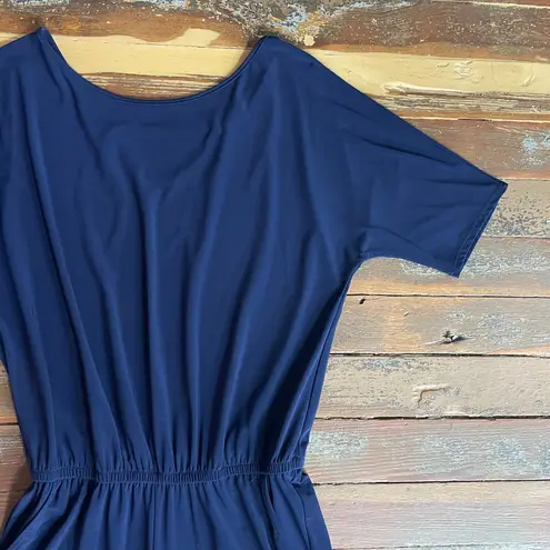 Clara Sun Woo Navy Crepe Open Back Short Sleeve Stretch Travel Jumpsuit