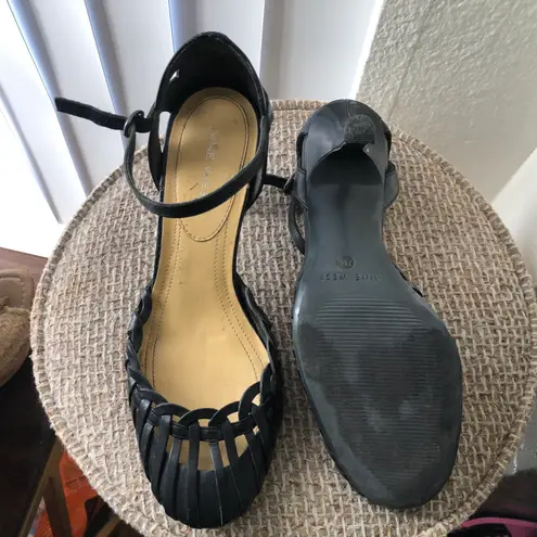 Nine West 90s/2000s  black vintage y2k roman hollow strappy cage cone curved round toe basket weaving fisherman maryjane heeled pumps 100% genuine leather