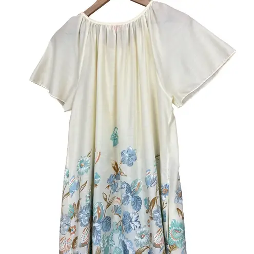 Smart Time Vintage 70s 80s Short Sleeve Ivory Blue Floral Print House Dress S/M