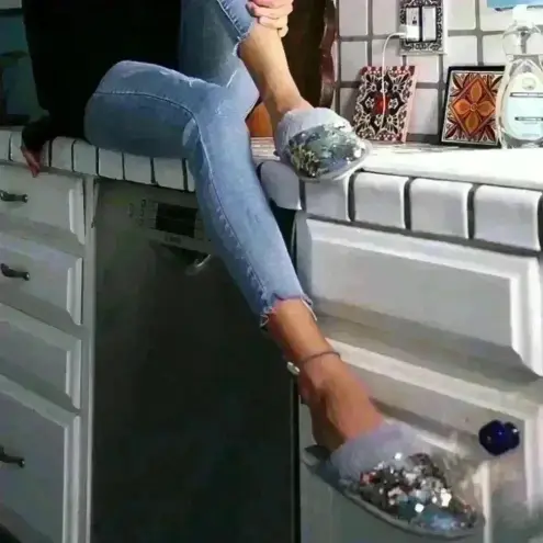 Wanna B Faux Fur and Sequin Slippers